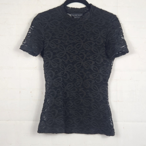 Johnny Was Jade Boho Preppy Astrid Lace Mesh Sheer Embroidered Tee in Black XXS - Picture 4 of 11